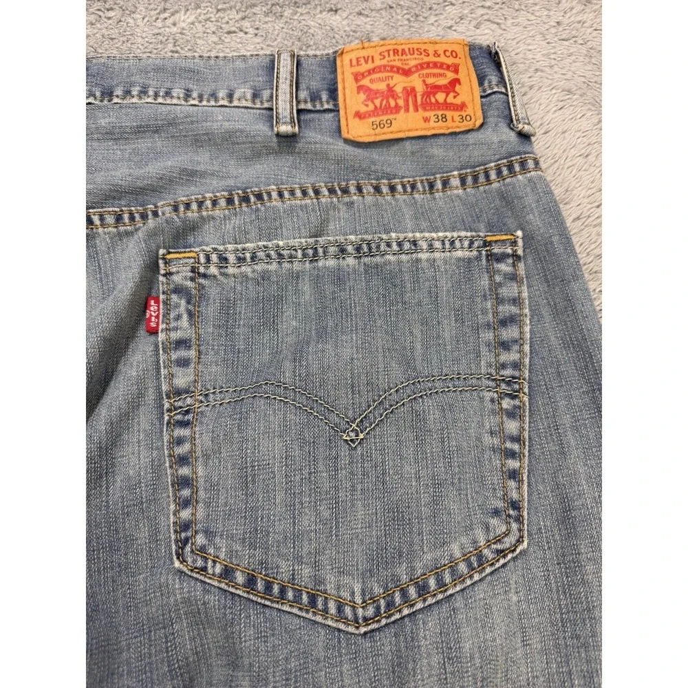 Levis 569 Jeans Men 38x30 Blue Loose‎ Baggy Straight Whisker Distress Denim
